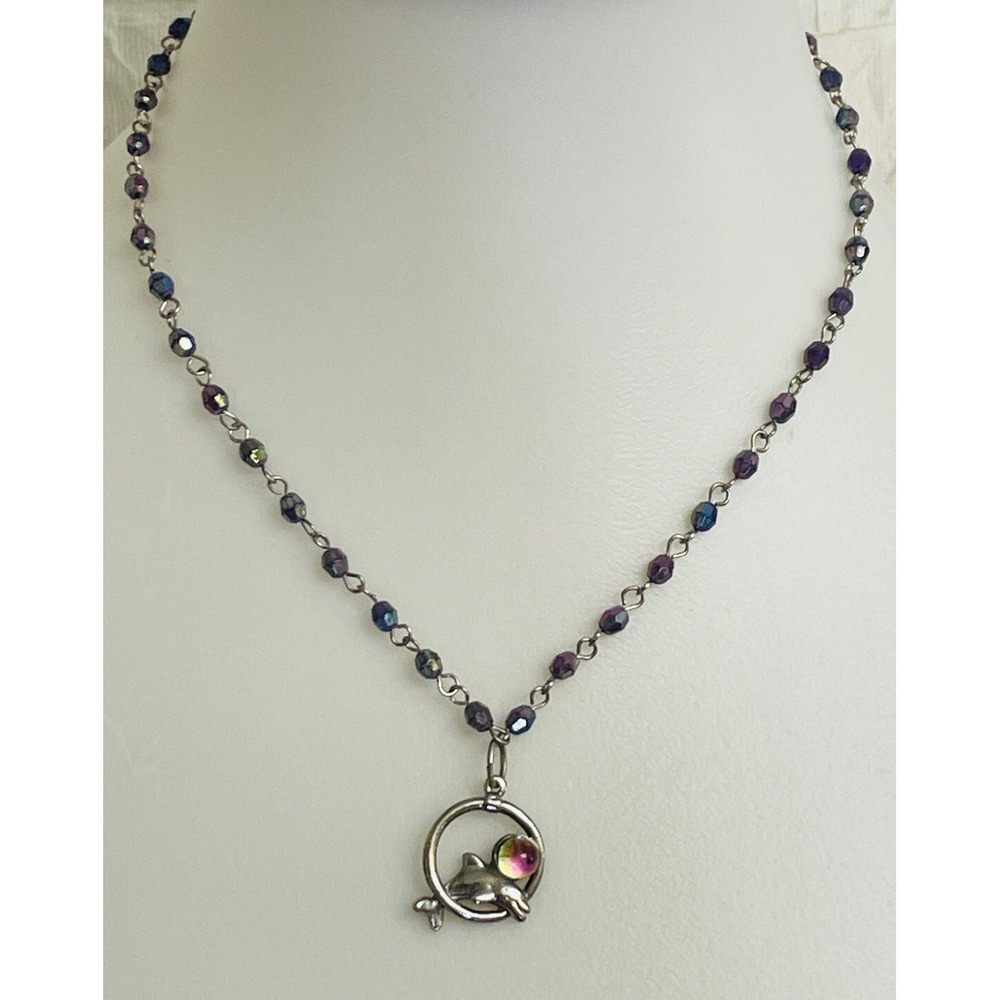 NTL Silver Dolphin Aurora Borealis Ball Beaded Necklace 16" Beachy Jewelry